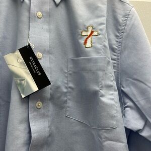 Deacon Light Blue Collar Button Down Shirt with Embroidered Cross
